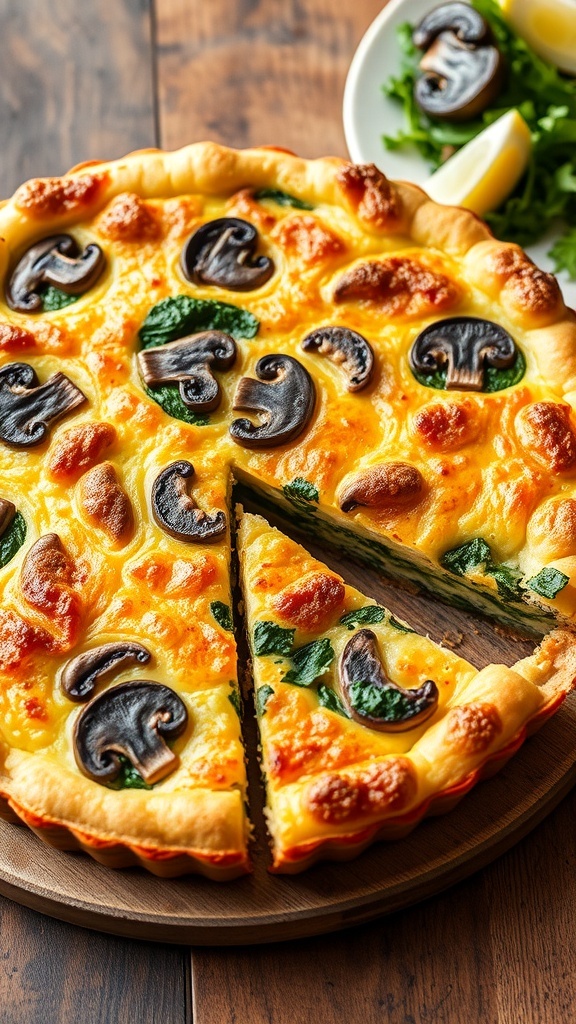 A golden-brown vegan quiche with spinach and mushrooms, garnished with herbs, on a wooden table with a slice cut out.